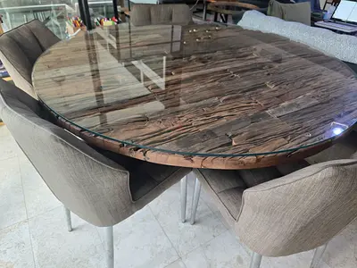 Round solid wooden dining table with glass top (6 upholstered chairs solid separately)