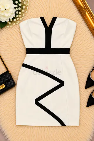 White Strapless Mini Dress with Black Trim - Size Unknown