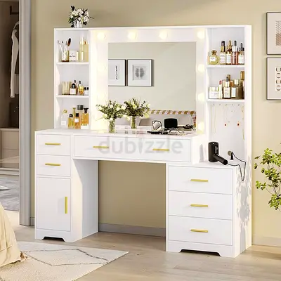 Hasuit 48.8'' Large Vanity Desk with Lighted Mirror & Power Outlet, White Makeup Vanity Table with 6