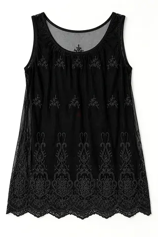 Black Sleeveless Embroidered Tunic Dress - Size Unknown