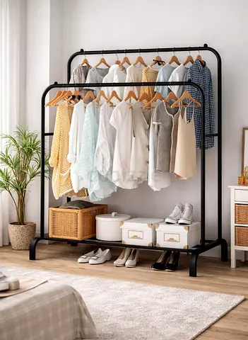Double Rail Metal Clothes Rack with Shoe Shelf