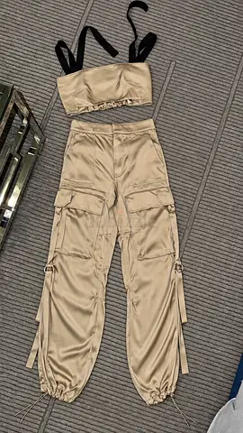 Beige Satin Cargo Pants with Matching Crop Top — Size Unknown