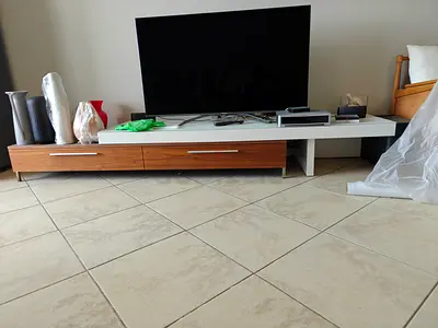 Minimalist Low modern TV console / media unit - two-tone wood and white with glass top