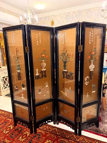 Antique Chinese Four-Panel Lacquered Decorative Folding Screen/Room Divider