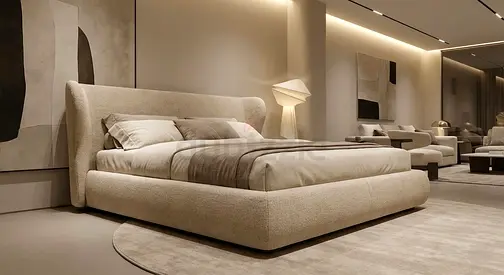 Modern upholstered king bed with low platform and curved headboard