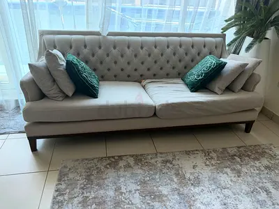 Beige tufted 3-seater and 2-seater sofa with cushions - good condition