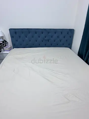 King size upholstered tufted headboard with bed frame (blue) and mattress from - good condition