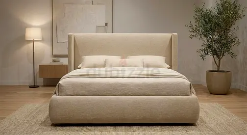 Beige Upholstered King Size Bed with Headboard and Low Footboard