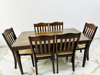 Solid Wood 6-Seater Dining Table Set with Chairs - Dark Brown