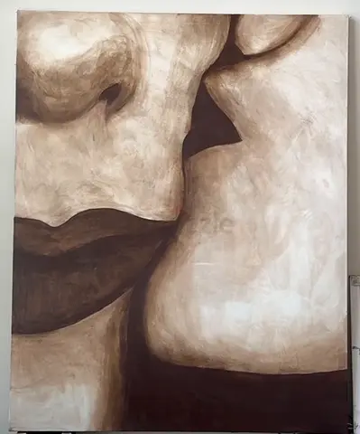 Abstract Figurative Painting – Neutral Beige & Brown – 100×120 cm