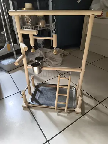Wooden Bird Play Stand with Feeding Cups and Ladder