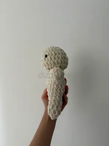 Handmade crocheted white rattle toy - soft baby plush