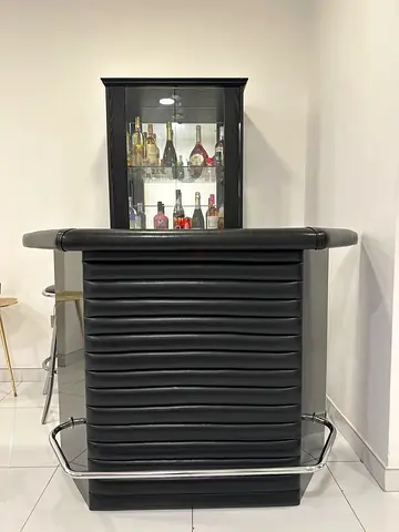 Black leather bar console with chrome frame - & glass wooden bar cabinet. Very good condition