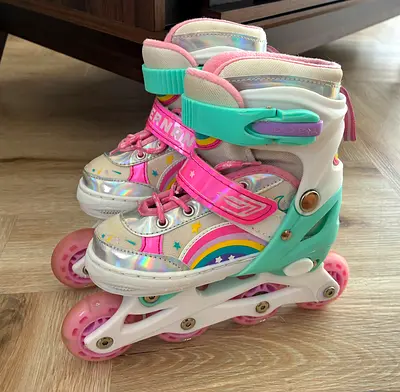 Adjustable Kids Inline Roller Skates - Pink Rainbow Design Size Small (EU 26-32)