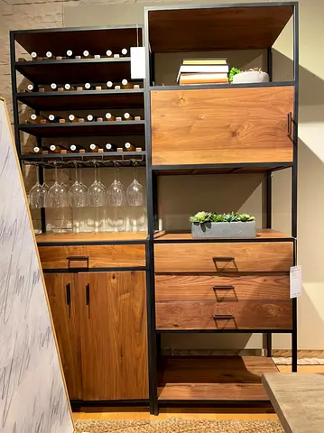Crate & Barrel Wood and Metal Wine Cabinet with Storage Drawers and Shelves