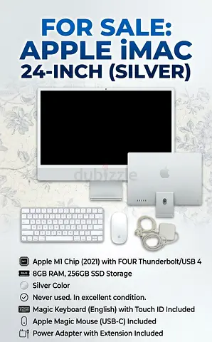 Apple iMAC with Magic Keyboard, Mouse and Power Adapter.
