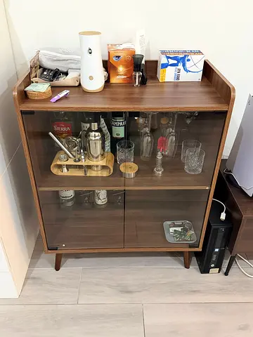 Mid-century walnut bar / display cabinet with glass doors - excellent condition