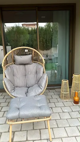 Rattan Hanging Egg Chair with Footstool and Cushions - Light Grey