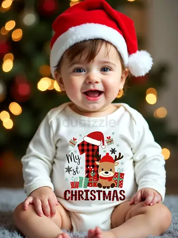 SHEIN Playful Pals Christmas Baby Boy White Long Sleeve Bodysuit,Cute Reindeer 1st Birthday Pattern