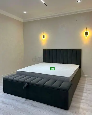 King size upholstered bed with bench - dark grey