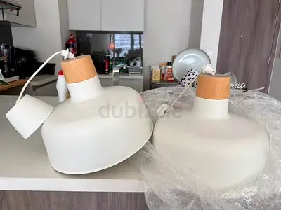 Set of 2 White Pendant Ceiling Lamps with Wood Accents