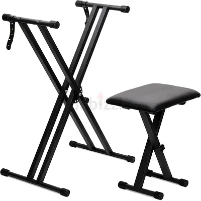 Heavy Duty Double X Keyboard Stand with Padded Bench – Black
