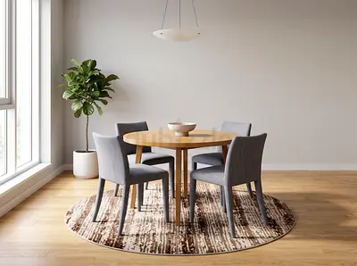 Modern Round Oak Dining Table with 4 Grey Chairs