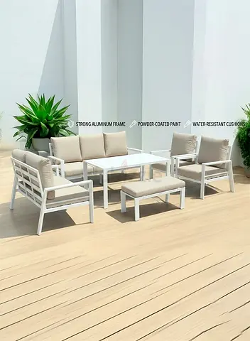 White aluminum outdoor patio sofa set with cushions - 6 pieces