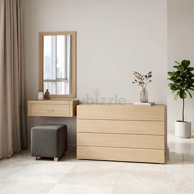 Modern Light Oak Dresser, Vanity & Stool Set