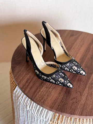 Black patterned slingback high heels - elegant pointed toe, size not marked
