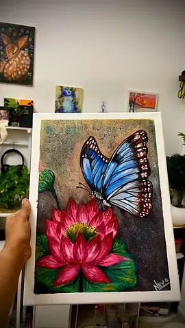 Hand-painted Butterfly and Lotus Floral Canvas Artwork