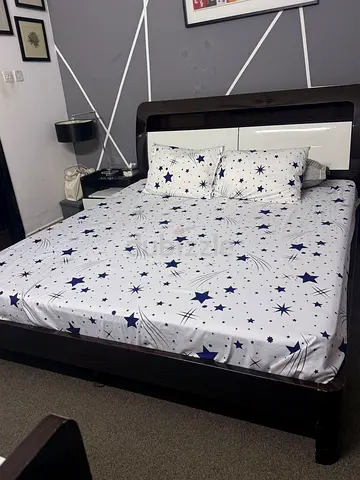 Queen Size Bed Frame with Headboard and Mattress (Dark Wood) - Good Condition
