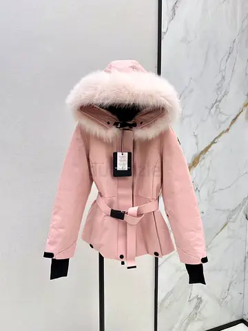 MONCELER Pink women's winter parka with fur hood, padded insulated lining