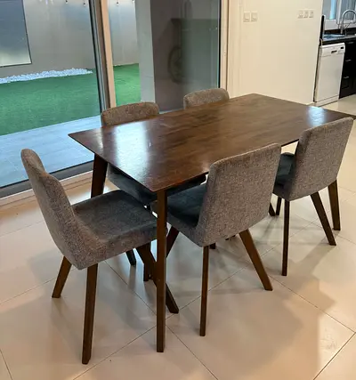 Modern Wooden Dining Set with 4 Grey Fabric Chairs