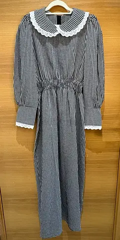 Black & white gingham long sleeve dress with lace collar