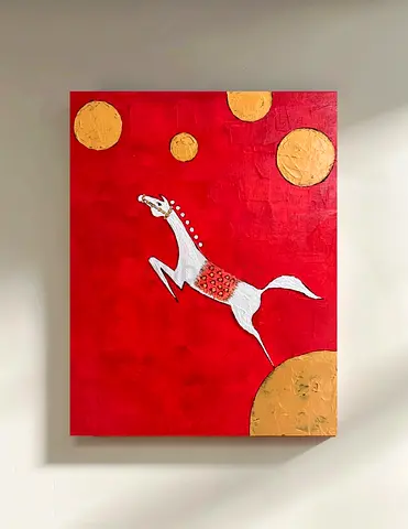 Handmade Red & Gold Horse Acrylic Painting - Wall Art