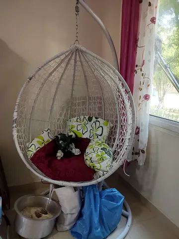 White Rattan Egg Swing Chair with Stand - Good Condition