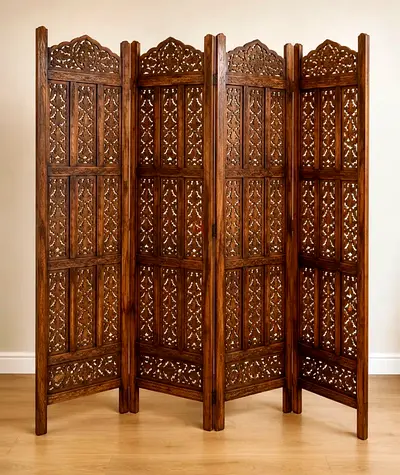 Hand-carved Wooden 4-Panel Room Divider / Privacy Screen
