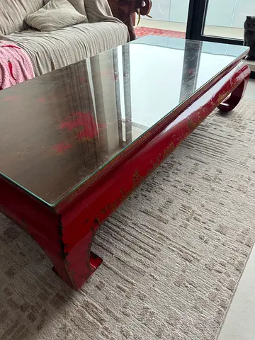 Vintage Red Chinese Low Coffee Table with Glass Top