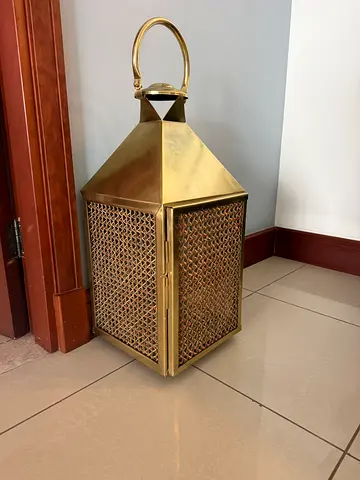 Large Brass Decorative Lantern with Intricate Lattice Panels