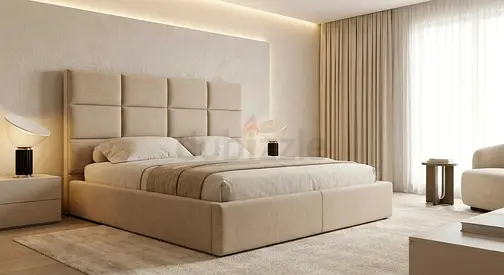 Beige upholstered king-size platform bed with padded headboard