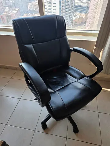 Black Leather Office Chair — Comfortable Executive Swivel with Armrests