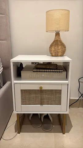 2x White bedside cabinet with rattan door and shelf
