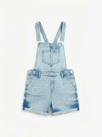 Light blue denim short overalls / dungaree shorts - size medium