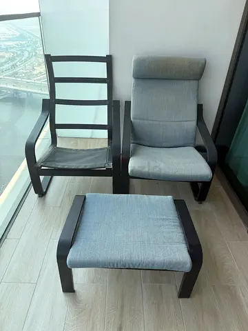 Two armchairs and footstool IKEA Poang blue