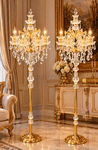 Pair of Gold Crystal Floor Lamps — Elegant Tall Standing Chandeliers