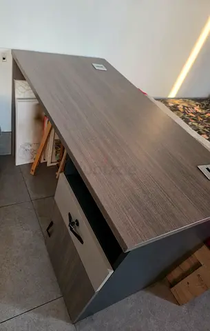 Grey wood office desk with storage cabinet - good condition.
