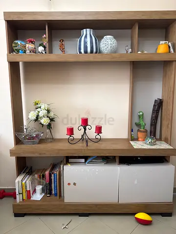 Wooden wall shelving unit with cabinets — good condition