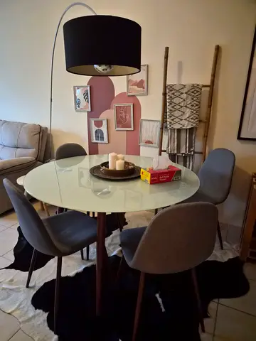 Glass Top Dining Table with 4 Upholstered Chairs - Modern Set