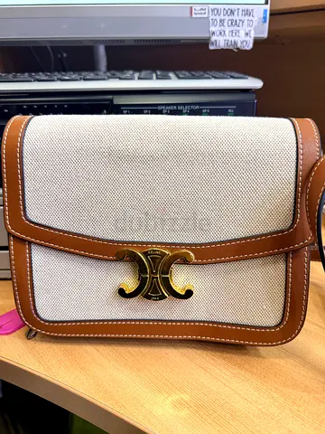 Beige Canvas and Tan Leather Crossbody Bag with Gold-tone Clasp